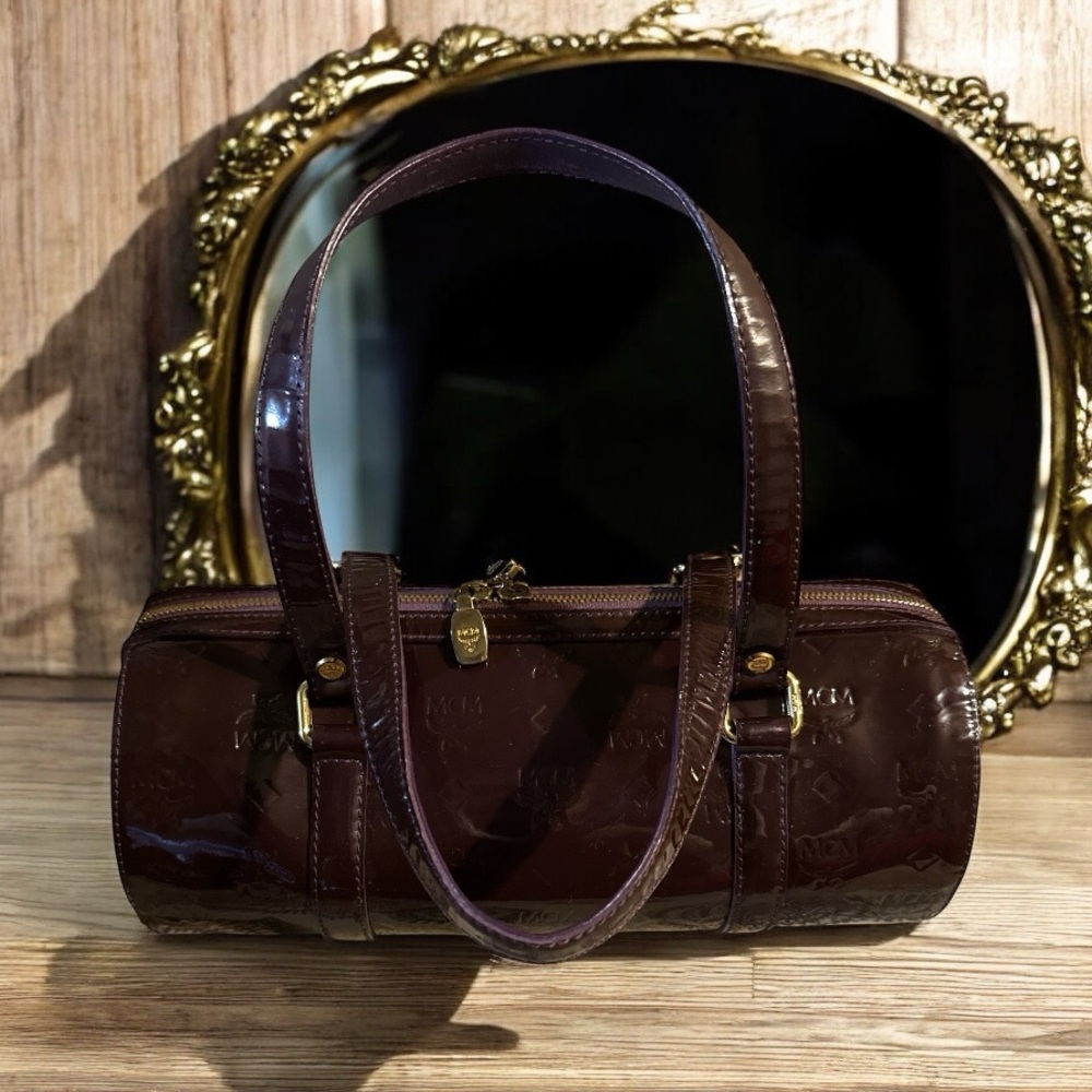MCM Patent Monogram Essential Barrel Bag Bordeaux EUC - Picture 5 of 14